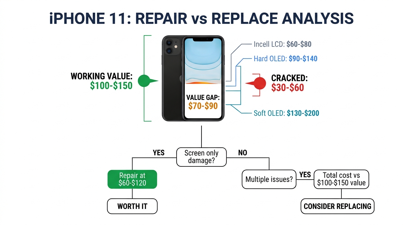 iPhone 11 repair vs replace value analysis showing working value, cracked value, and repair cost decision flowchart