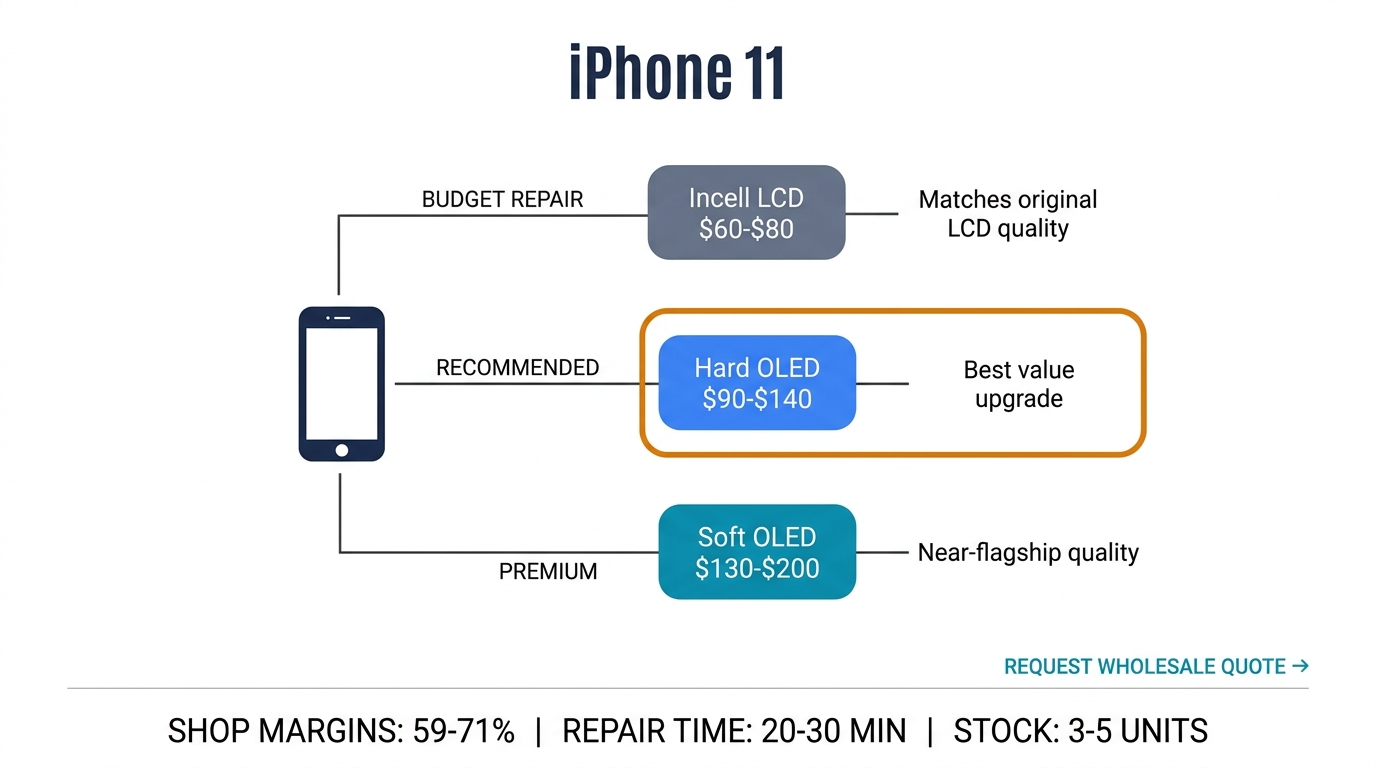 iPhone 11 screen replacement summary showing three repair paths: budget Incell LCD, recommended Hard OLED, and premium Soft OLED