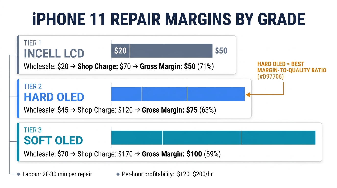 iPhone 11 screen replacement profit margins by grade showing Incell LCD 71%, Hard OLED 63%, Soft OLED 59%