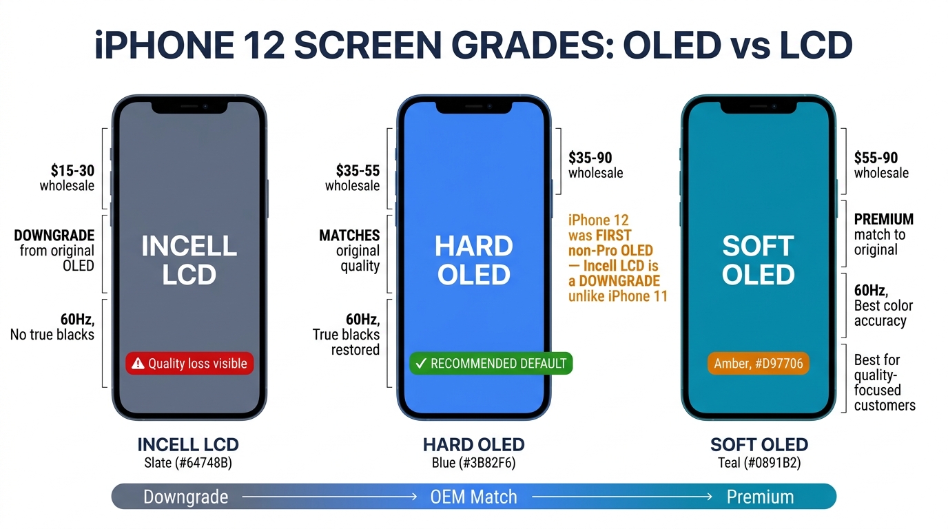 iPhone 12 screen grade comparison: Incell LCD downgrade vs Hard OLED match vs Soft OLED premium