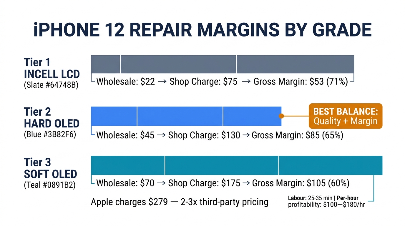 iPhone 12 screen replacement profit margins by grade: Incell 71%, Hard OLED 65%, Soft OLED 60%