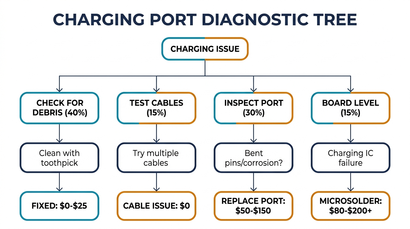 Charging port diagnostic decision tree: check debris 40%, test cables 15%, inspect port 30%, board-level 15%