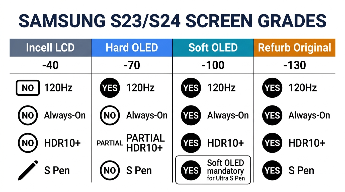 Samsung S23/S24 screen grade comparison: Incell LCD, Hard OLED, Soft OLED, and Refurb Original with 120Hz, Always-On, HDR10+, and S Pen compatibility for each grade
