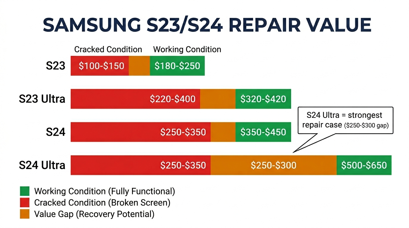 Samsung S23/S24 repair value analysis showing residual values and value gaps, with S24 Ultra having the strongest repair case at $250-$300 value gap