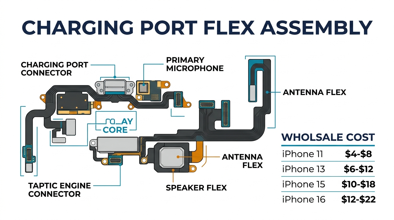 iPhone charging port flex assembly components: port connector, microphone, taptic engine, speaker and antenna flex