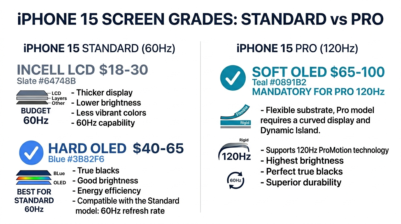 iPhone 15 screen grades comparison: Incell LCD, Hard OLED, and Soft OLED for Standard vs Pro models