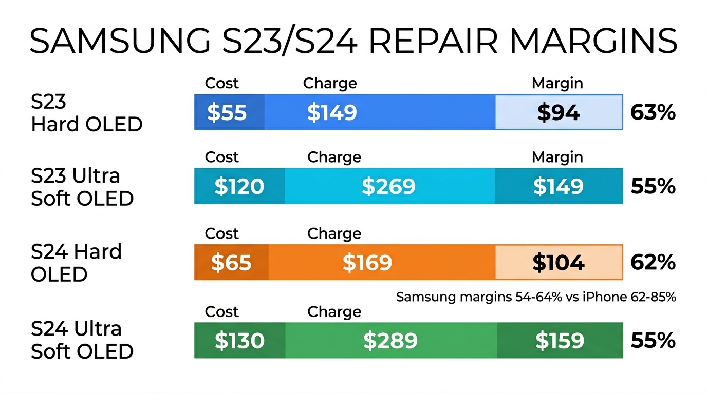 Samsung S23/S24 repair margin comparison showing cost, charge, and margin percentages for Hard OLED and Soft OLED across S23 and S24 models, with Samsung margins at 54-64% vs iPhone 62-85%