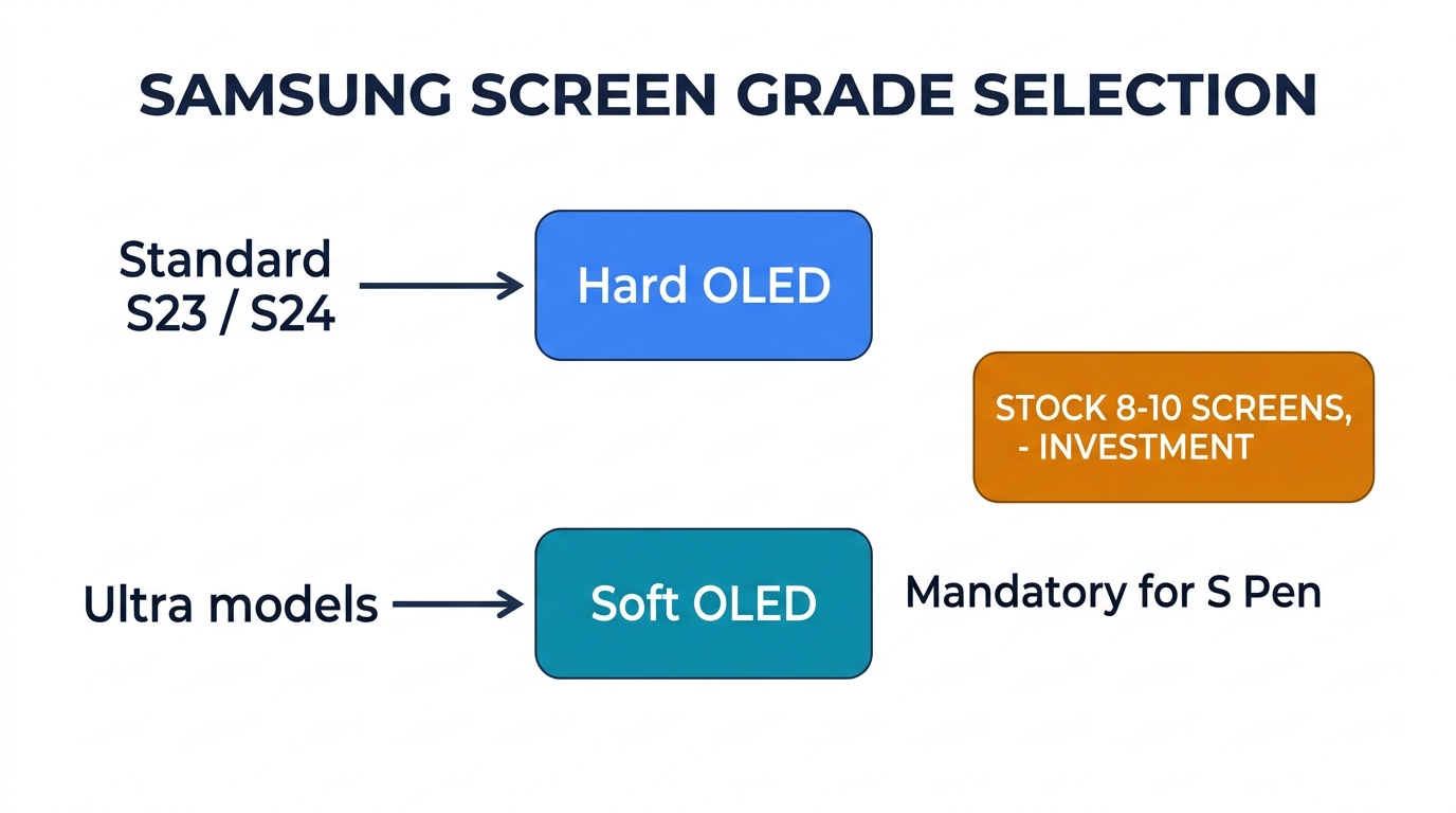 Samsung screen grade selection flowchart: Standard S23/S24 models use Hard OLED, Ultra models require Soft OLED for S Pen compatibility, stock 8-10 screens at $500-$800 investment