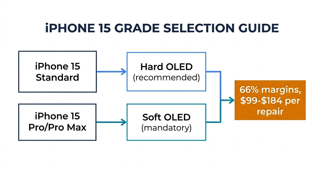 iPhone 15 grade selection flowchart: Hard OLED for Standard, Soft OLED for Pro