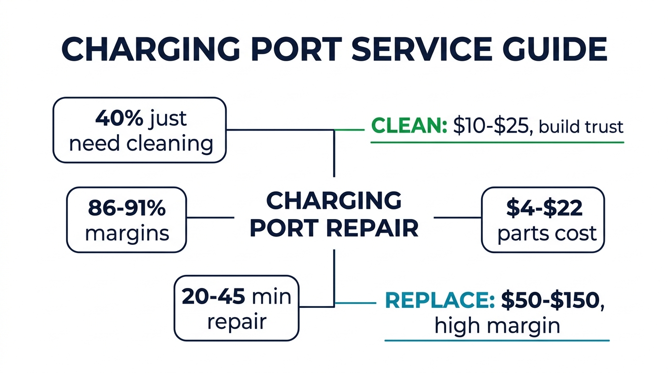 Charging port service guide summary: 40% need cleaning, 86-91% margins, $4-$22 parts, 20-45 min repair
