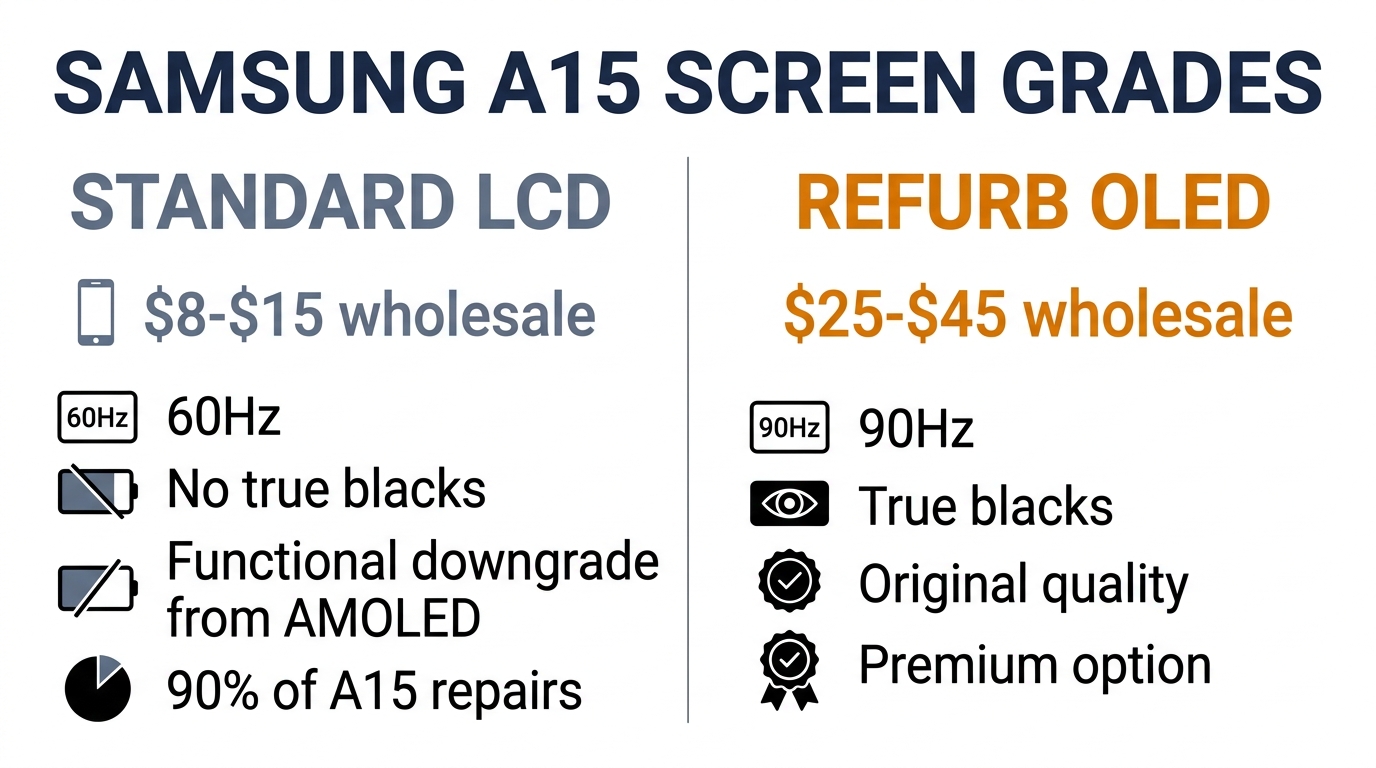 Samsung A15 screen grade comparison: Standard LCD vs Refurbished OLED with pricing and specifications