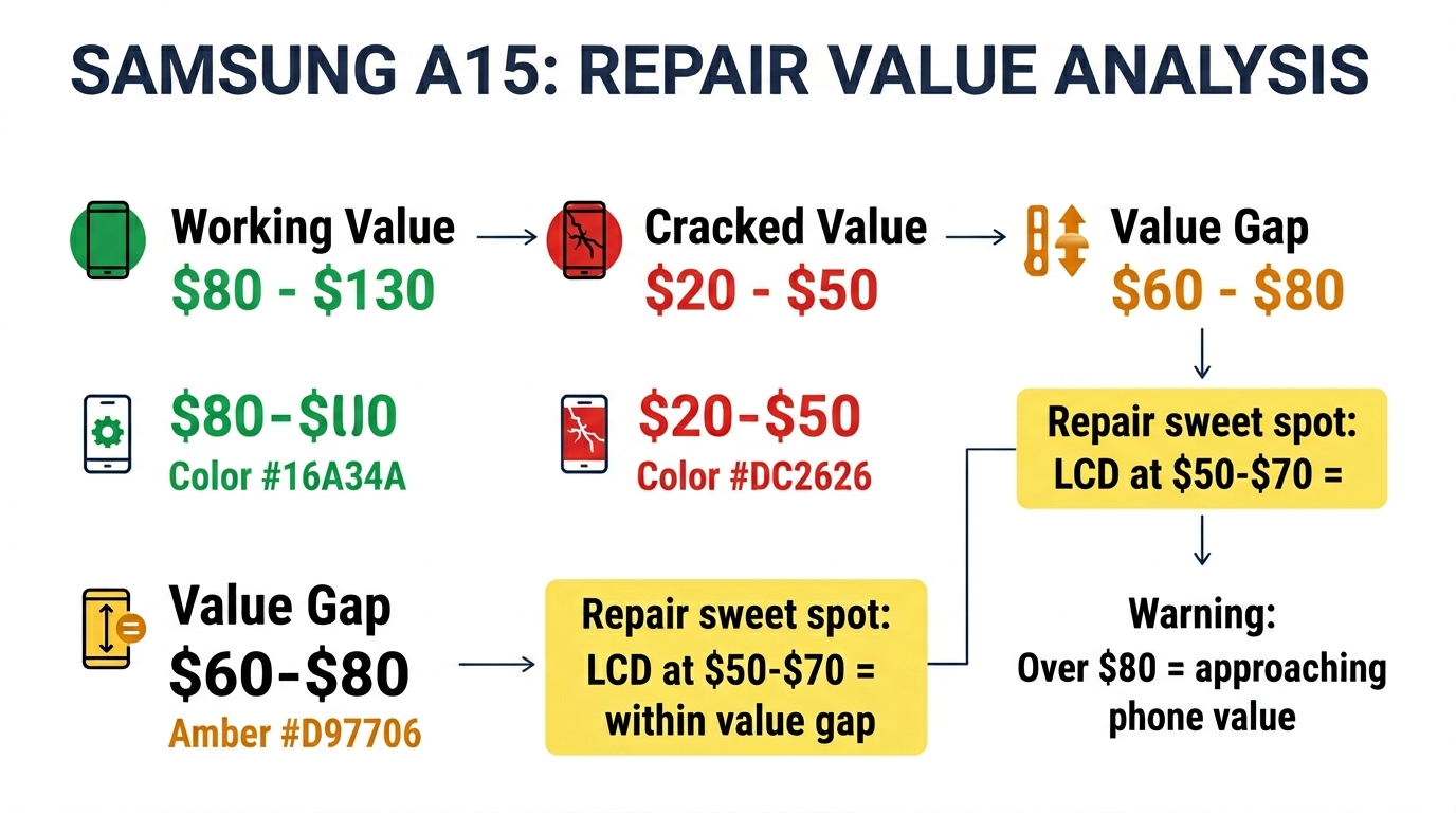Samsung A15 repair value analysis showing working value, cracked value, and repair sweet spot