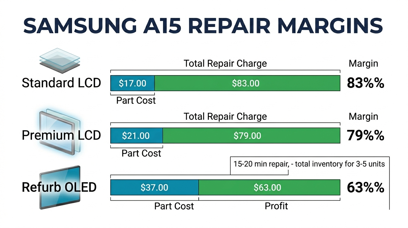 Samsung A15 repair margin visualization showing 79-83% margins across LCD and OLED options