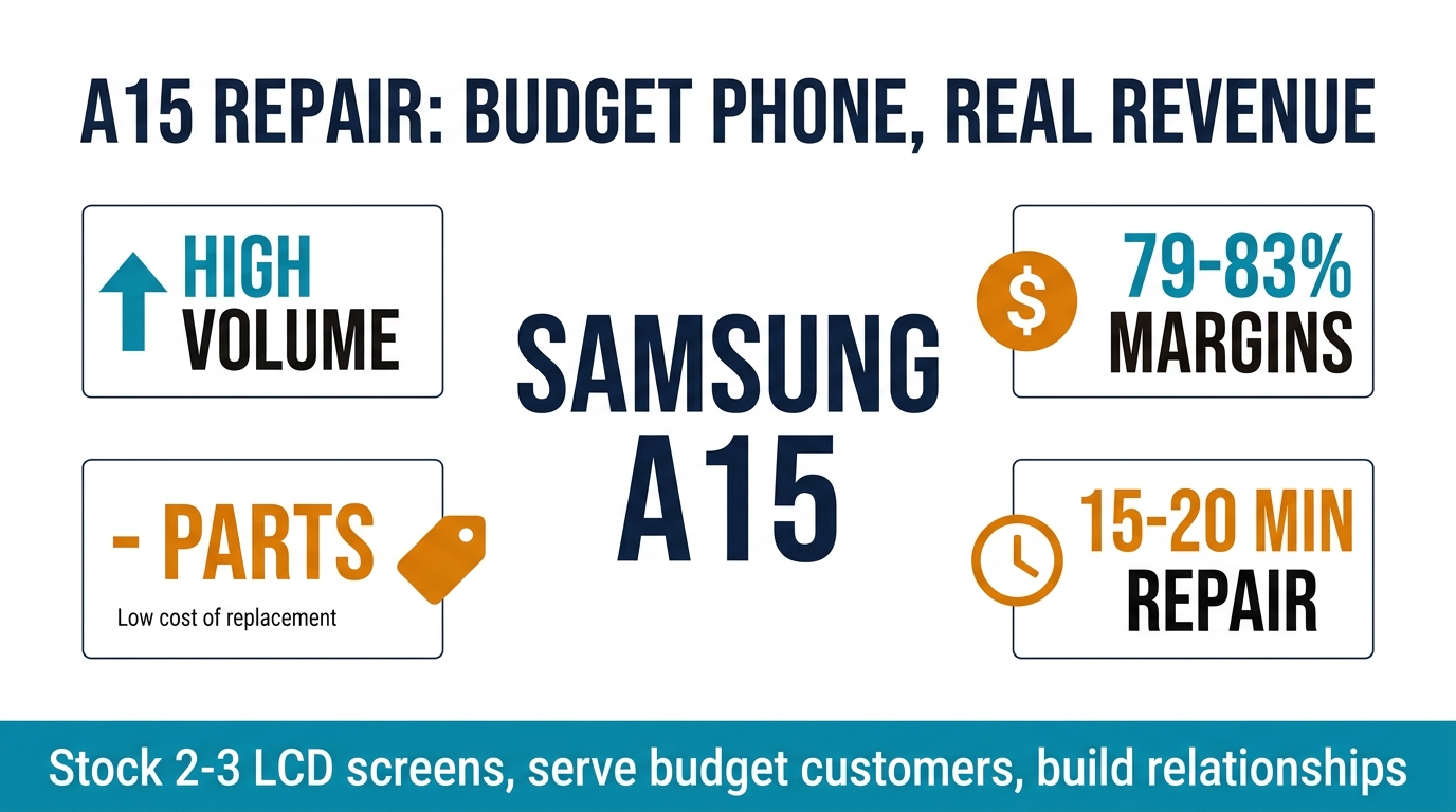 Samsung A15 repair summary: high volume, 79-83% margins, $8-$15 parts, 15-20 minute repair