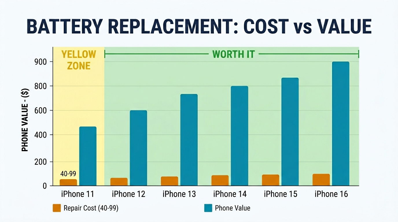 iPhone battery replacement cost vs phone value decision framework for iPhone 11 through 16