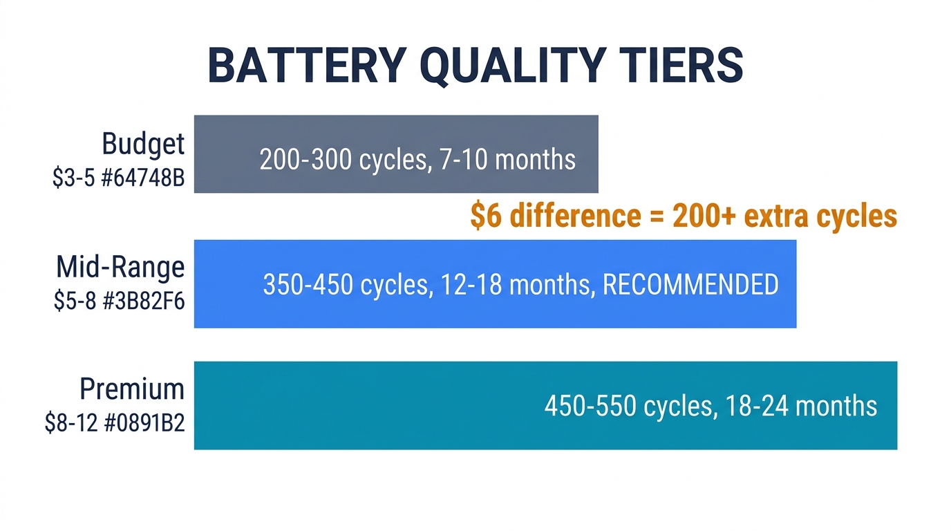 iPhone battery quality tiers comparison showing budget mid-range and premium cycle life and longevity