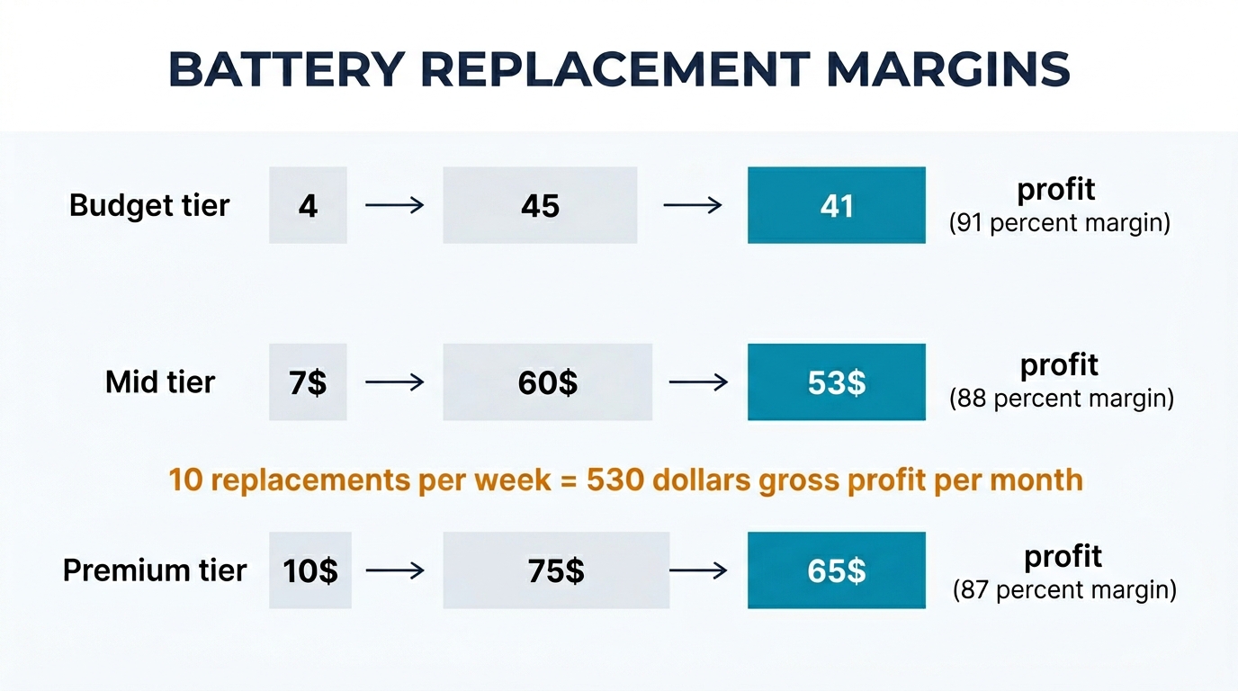iPhone battery replacement margin analysis showing 85-91 percent gross margins across all quality tiers
