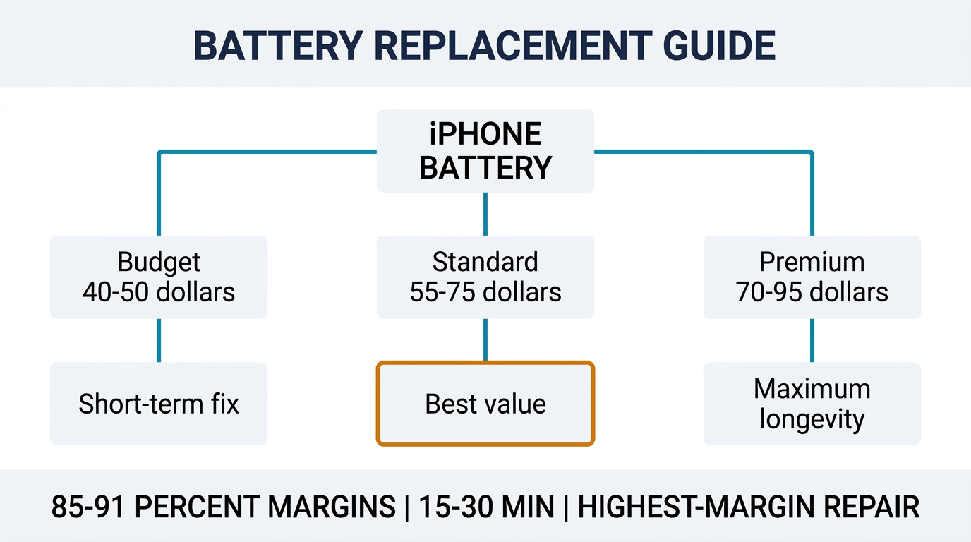 iPhone battery replacement guide summary flowchart showing pricing tiers and profit margins