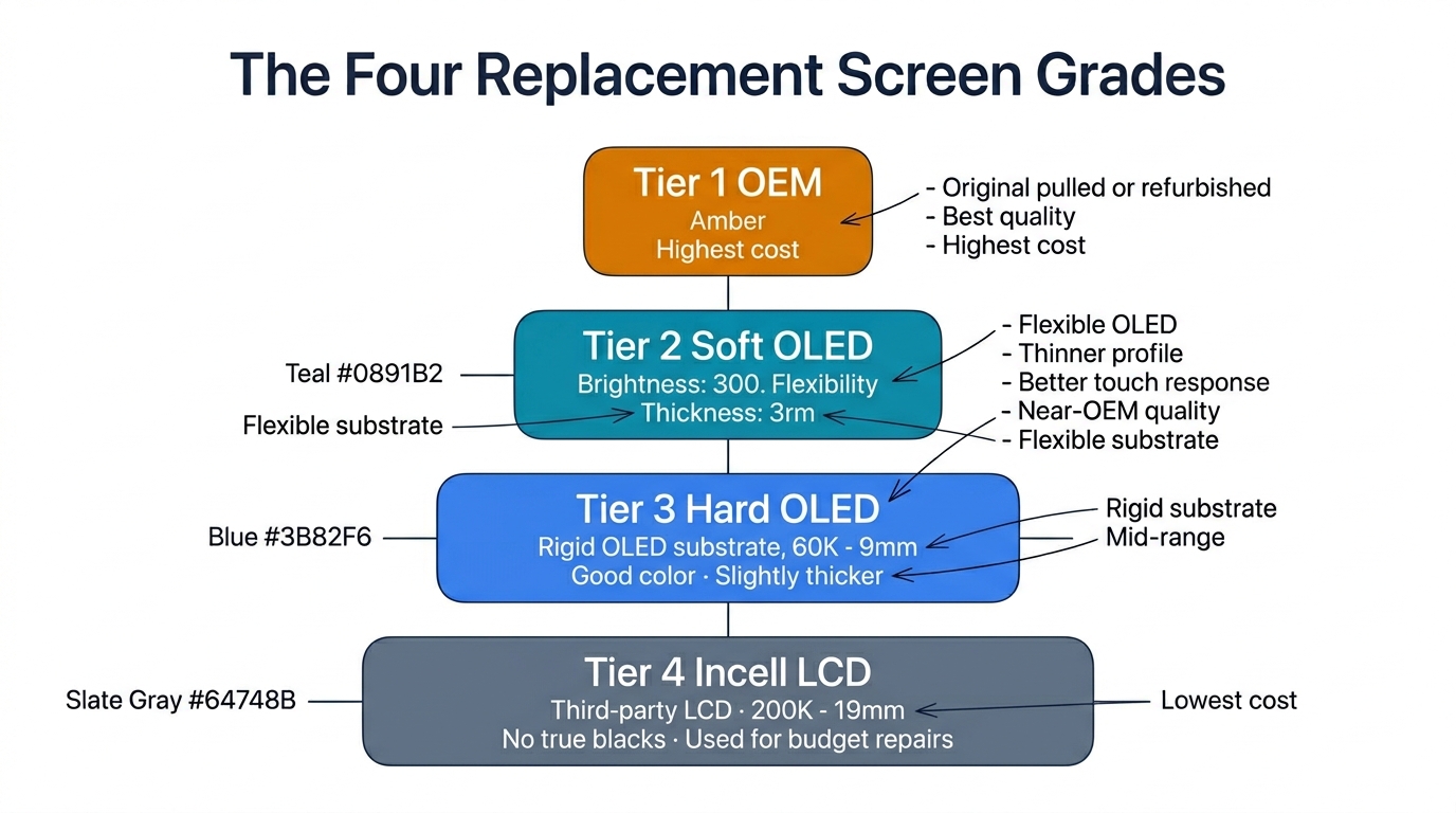 Four iPhone replacement screen grades: Incell LCD, Hard OLED, Soft OLED, OEM