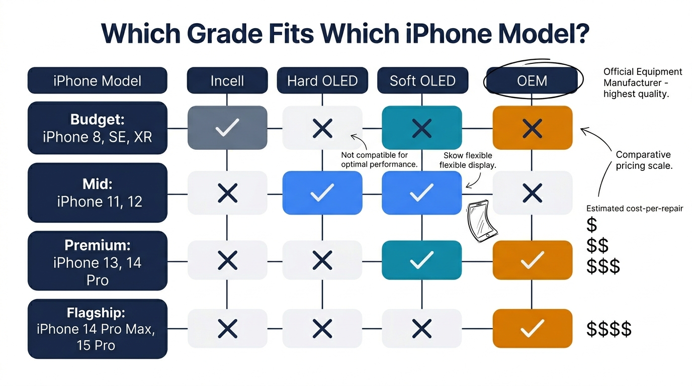 Which screen grade fits which iPhone model — matching guide
