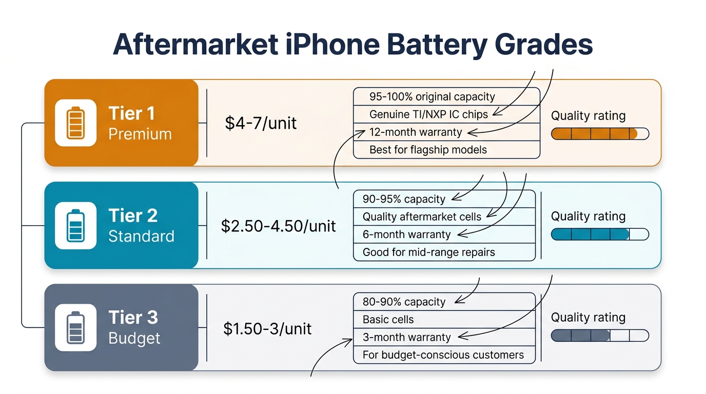 Aftermarket iPhone battery quality tiers: Premium, Standard, Budget