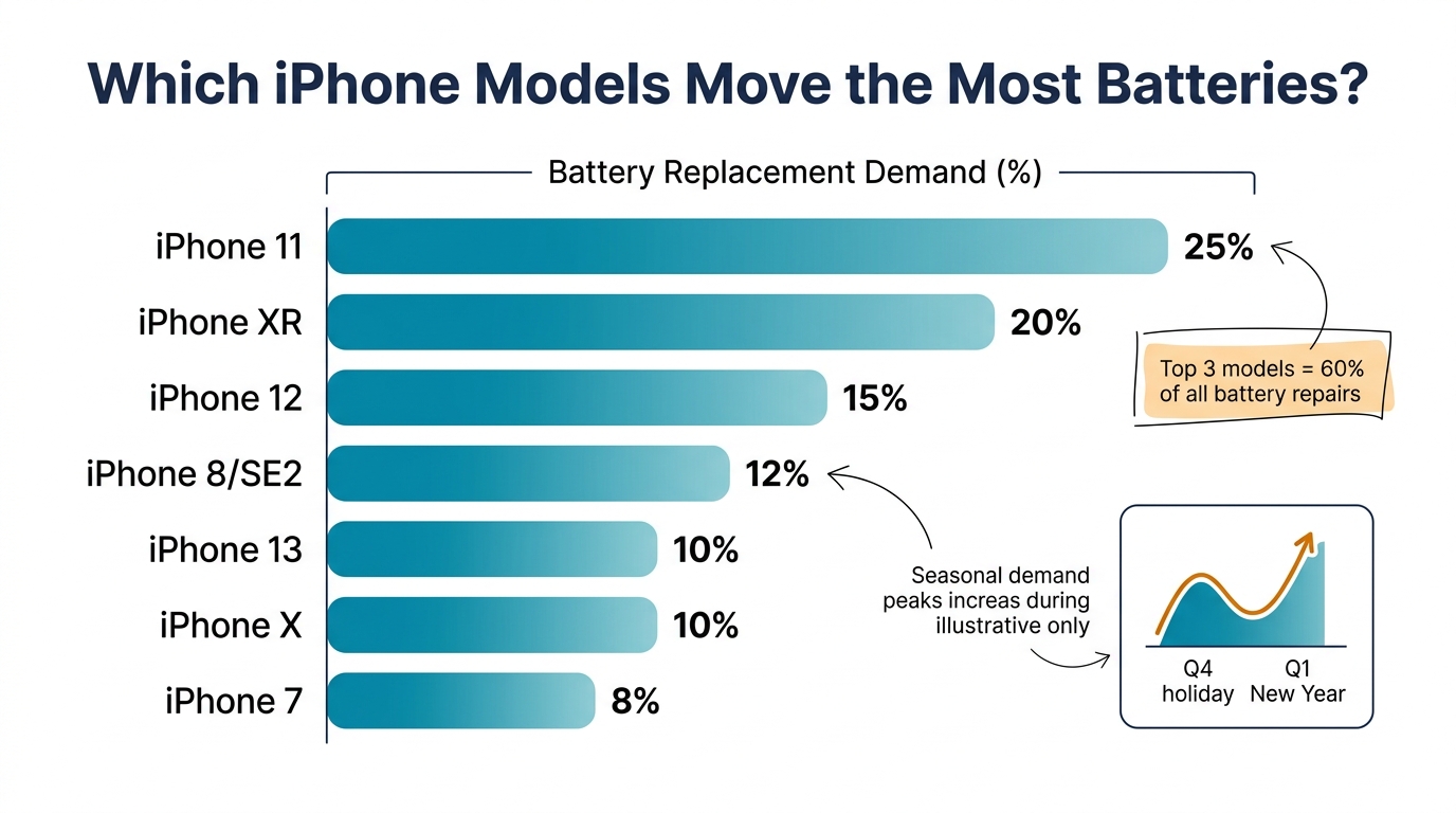 iPhone models ranked by battery replacement demand