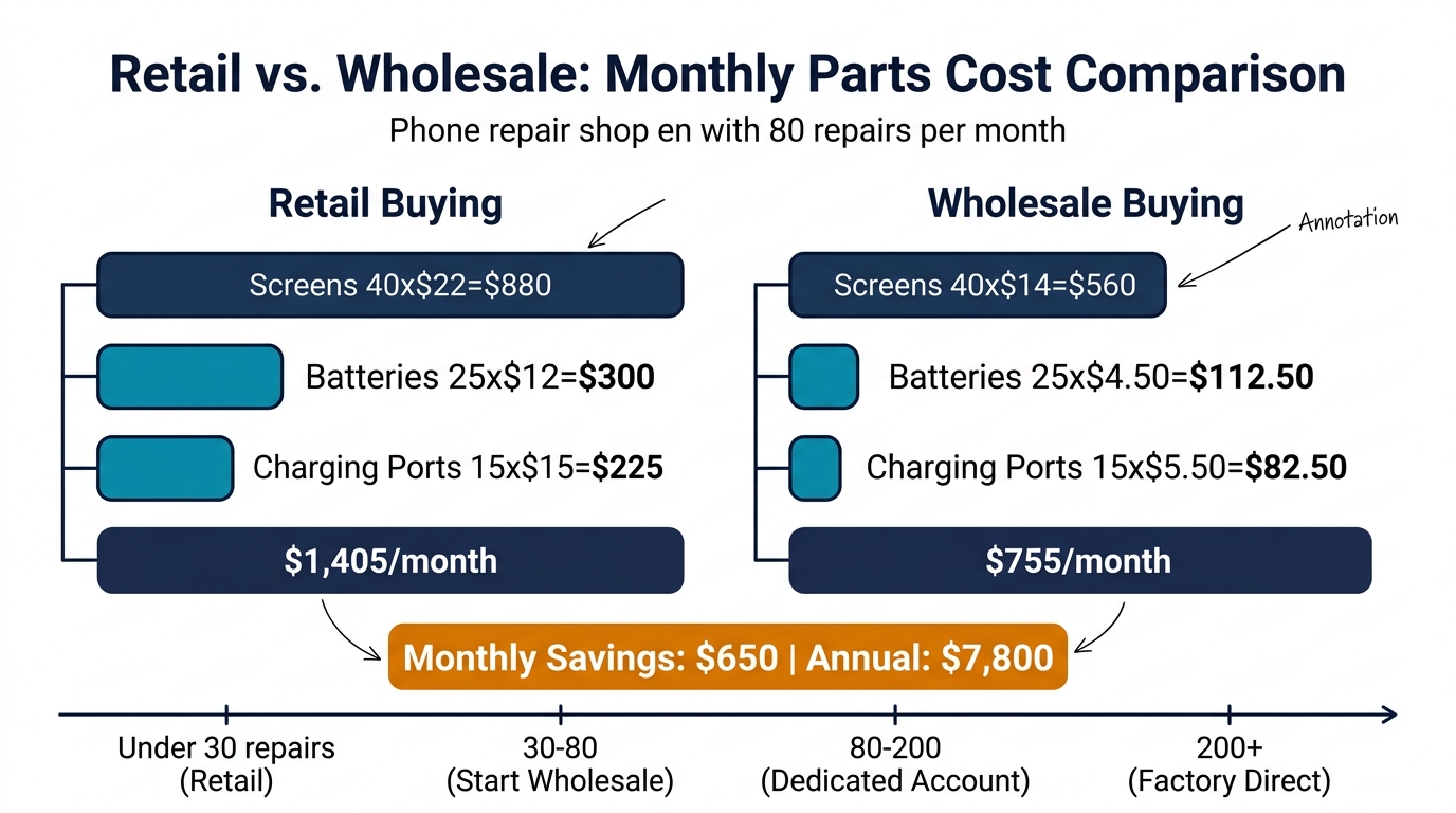 Retail vs wholesale monthly parts cost comparison showing $650 monthly savings