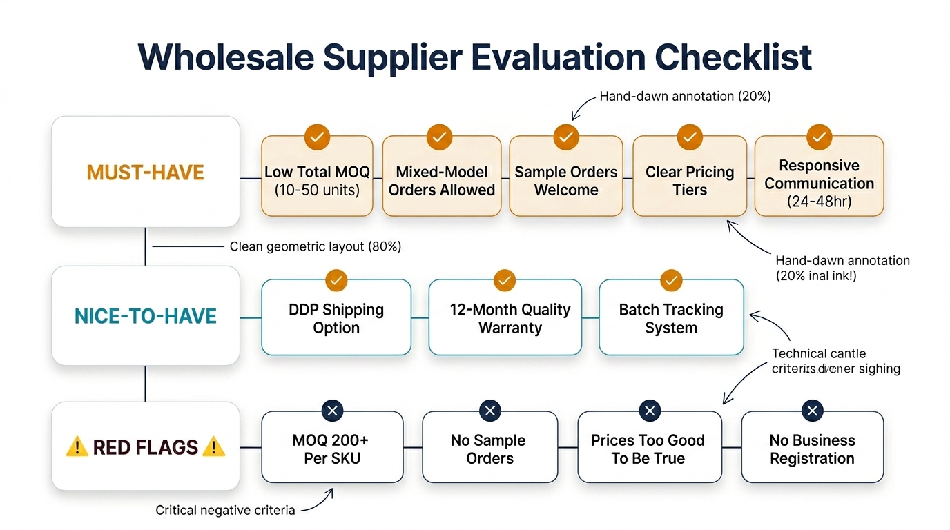 Wholesale supplier evaluation checklist with must-have criteria, nice-to-have features, and red flags