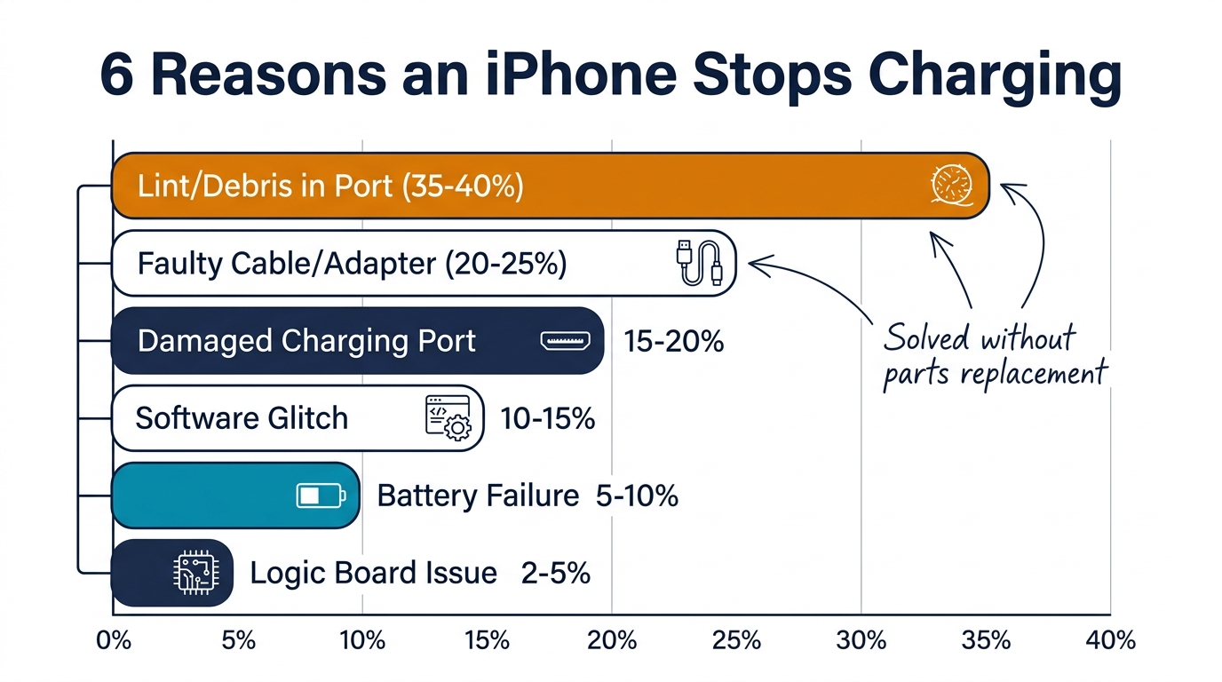 Charging port inspection guide showing Lightning and USB-C port damage indicators