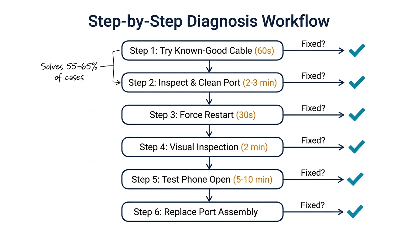 6-step diagnosis flowchart for iPhone not charging issues
