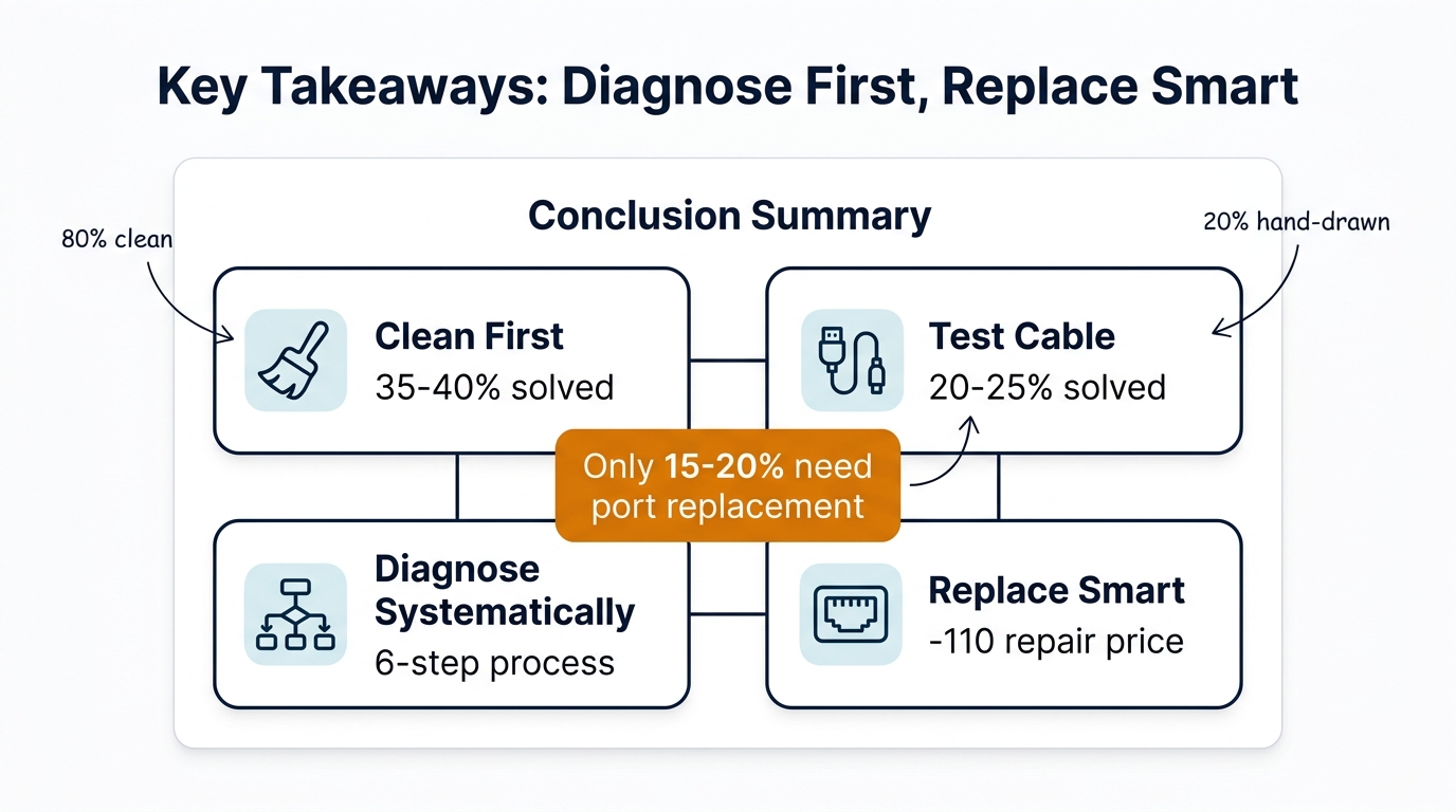 Key takeaways for iPhone charging diagnosis - clean first, test cable, diagnose systematically, replace smart