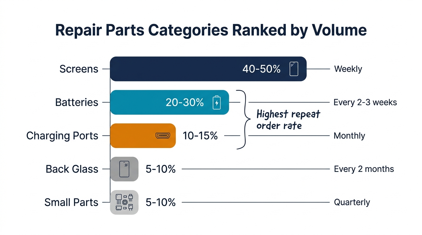 5 repair parts categories ranked by volume - screens 40-50%, batteries 20-30%, charging ports 10-15%, back glass 5-10%, small parts 5-10%