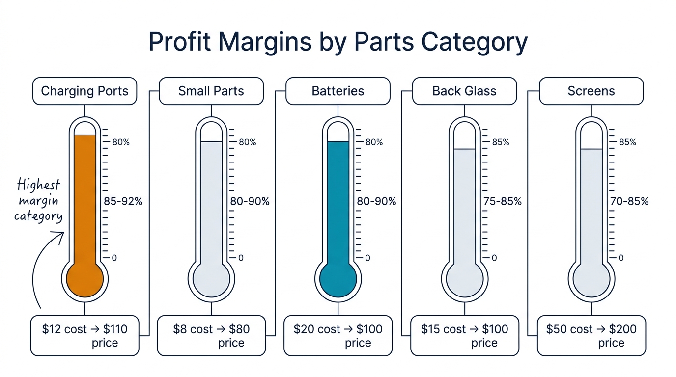 Profit margins comparison by repair parts category - charging ports highest at 85-92%