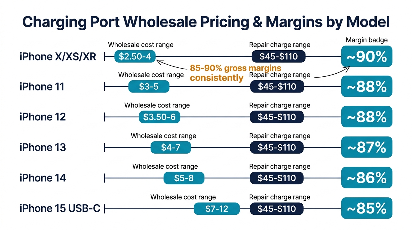 Charging port wholesale pricing and profit margins by iPhone model