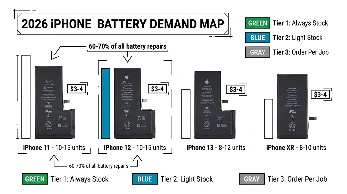 2026 iPhone battery demand map showing four models with tier classifications and demand indicators