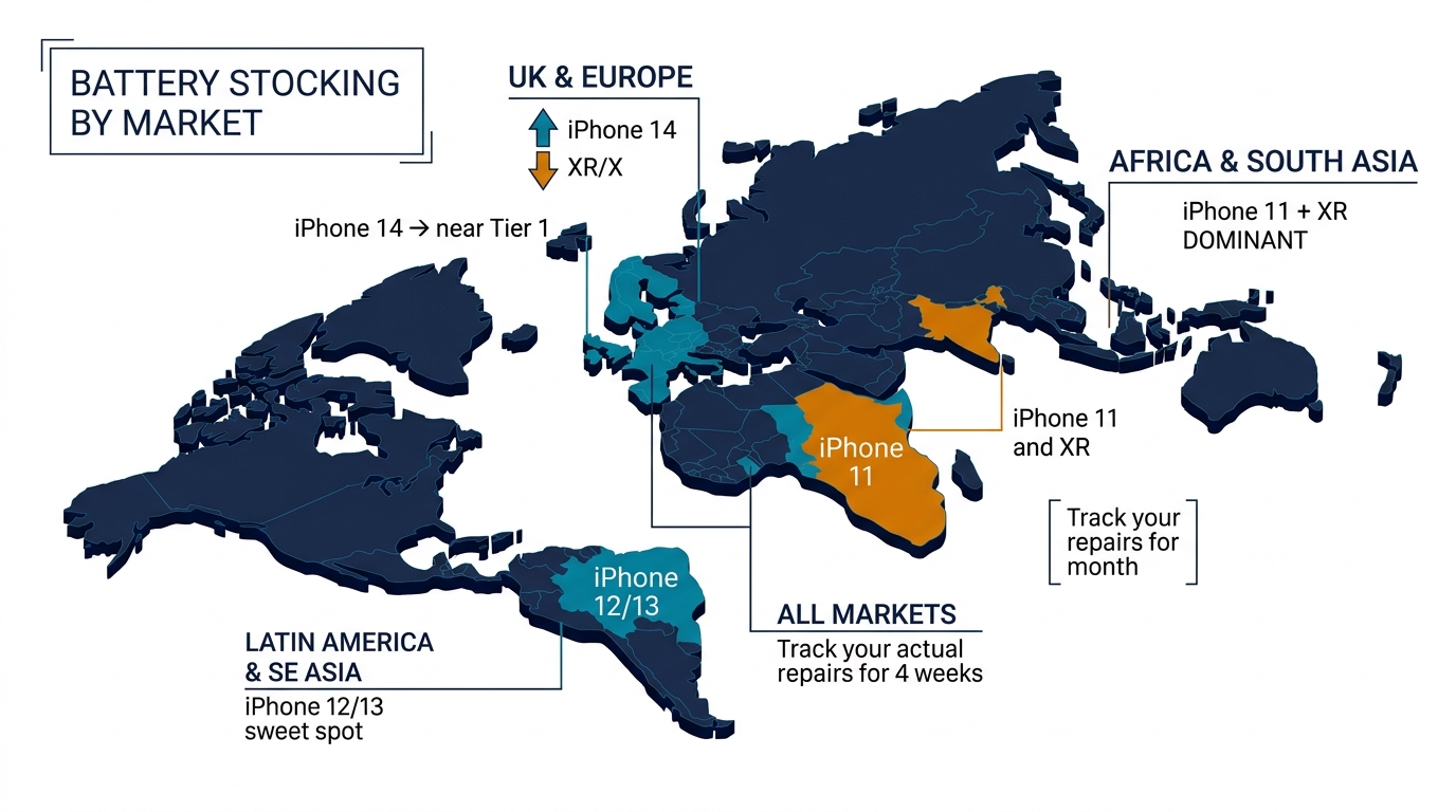 Battery stocking by market - world map showing regional iPhone battery demand adjustments