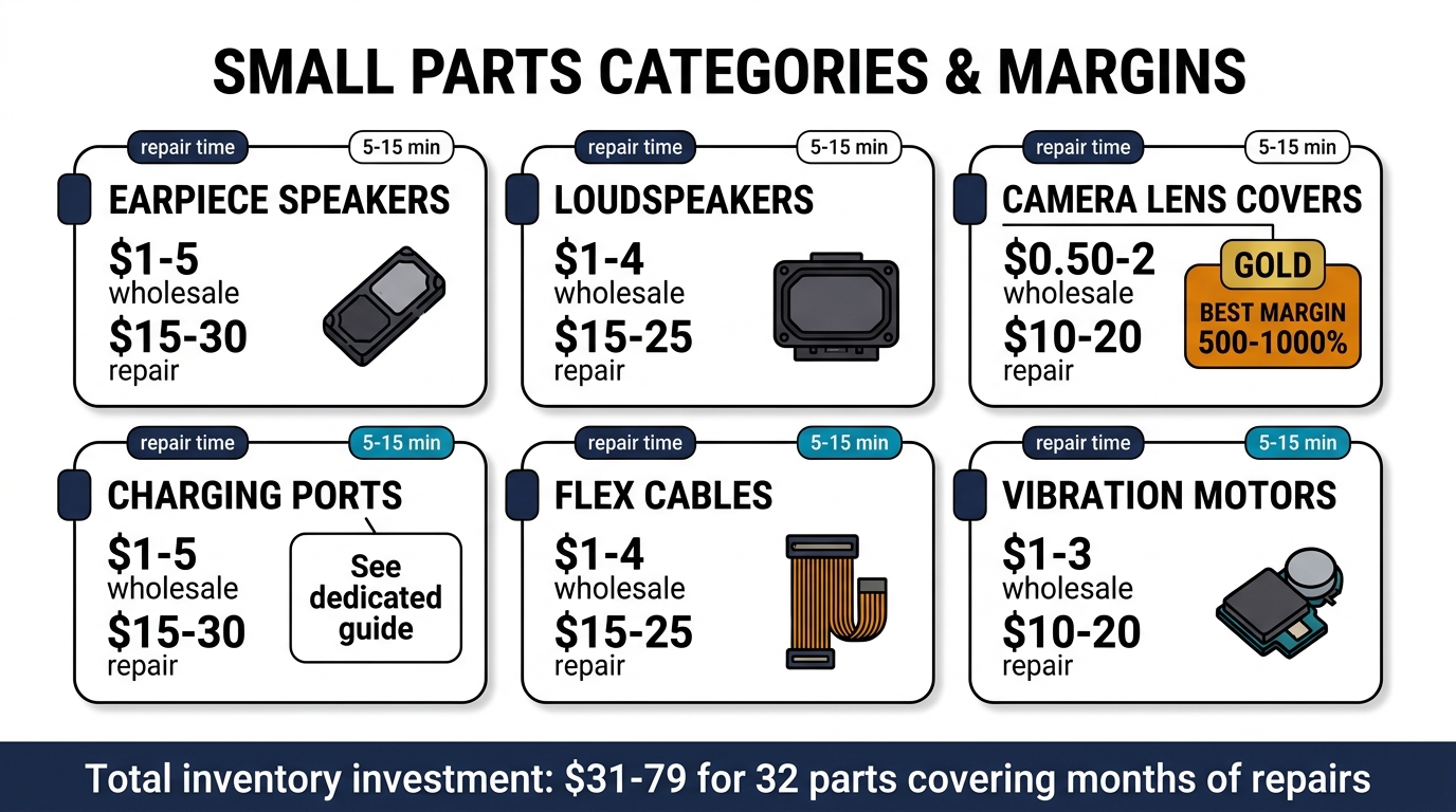 Small parts categories and margins infographic showing 6 categories with wholesale prices, repair prices, and profit margins