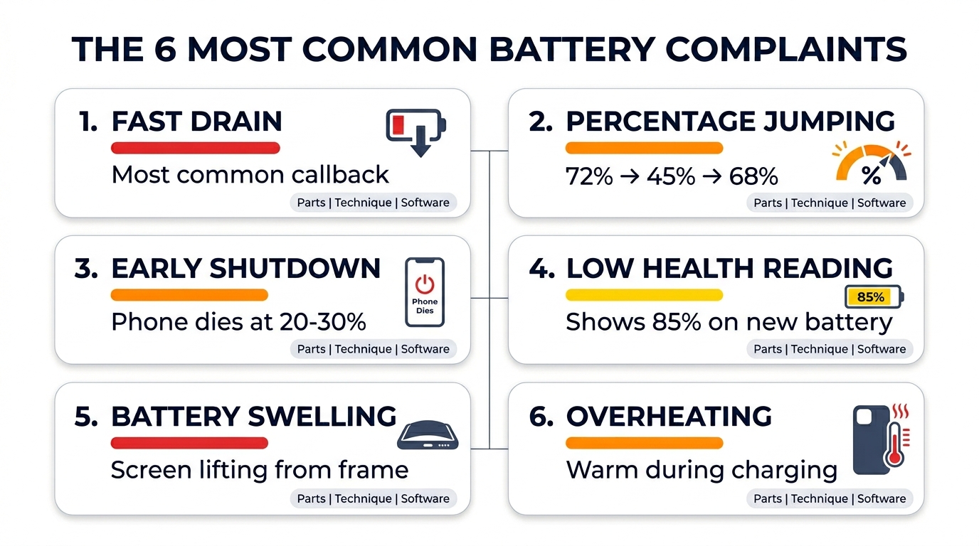 The 6 most common battery complaints after replacement with severity indicators and root cause tags
