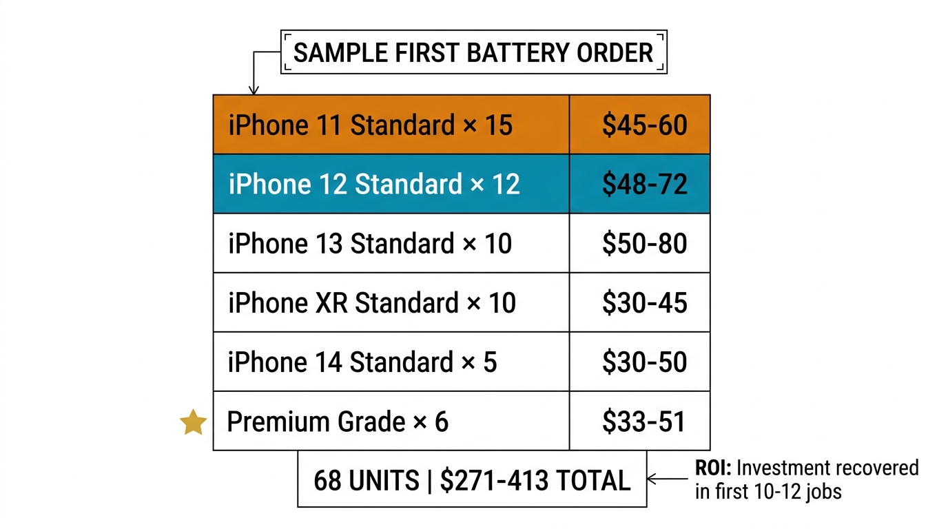 Sample first iPhone battery wholesale order showing 68 units across models with cost breakdown