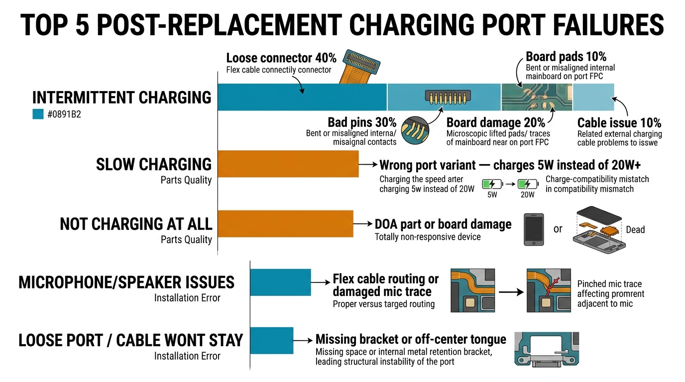 Top 5 post-replacement charging port failures ranked by frequency with root cause breakdowns