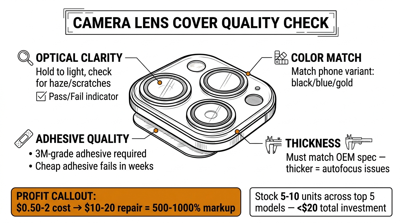 Camera lens cover quality inspection checklist showing optical clarity, adhesive quality, color match, and thickness checks with 500-1000% markup callout