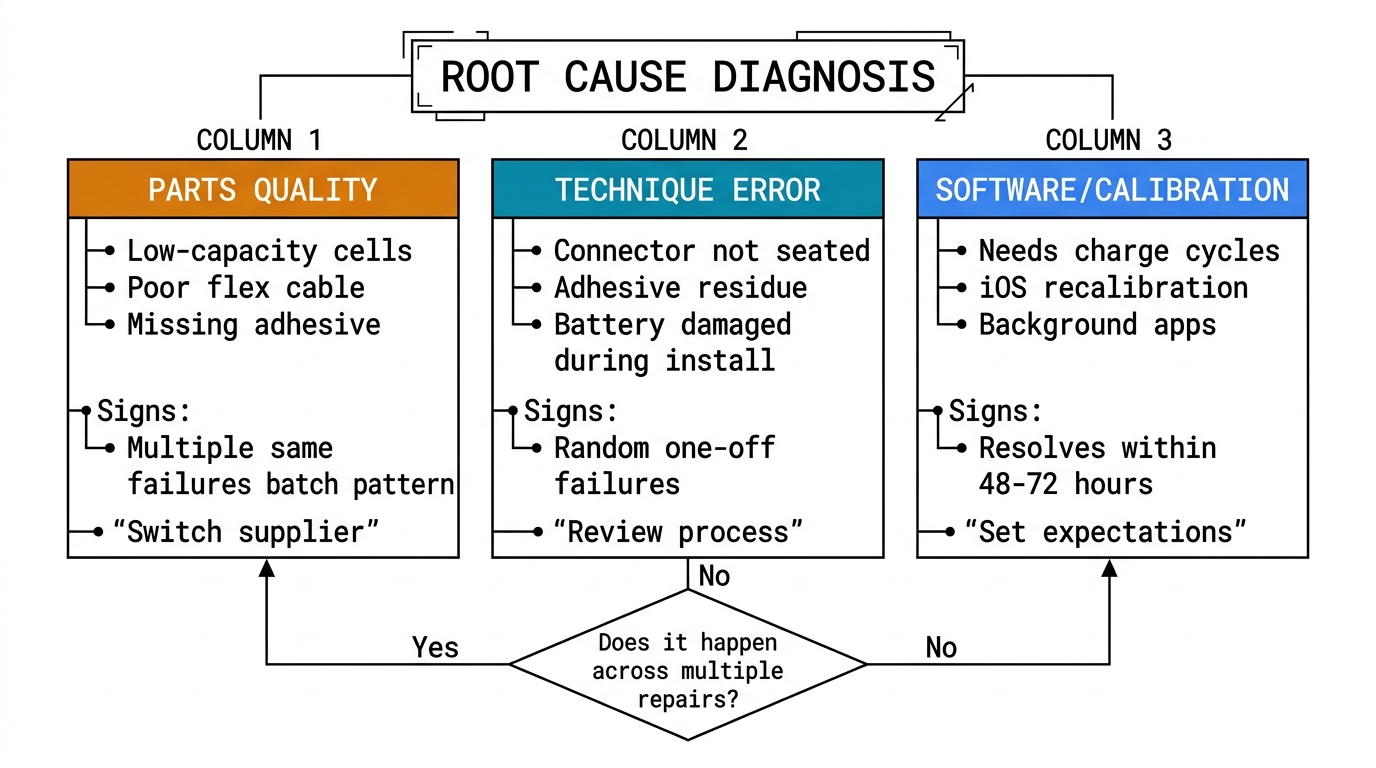 Root cause diagnosis comparison showing three categories: parts quality, technique error, and software calibration