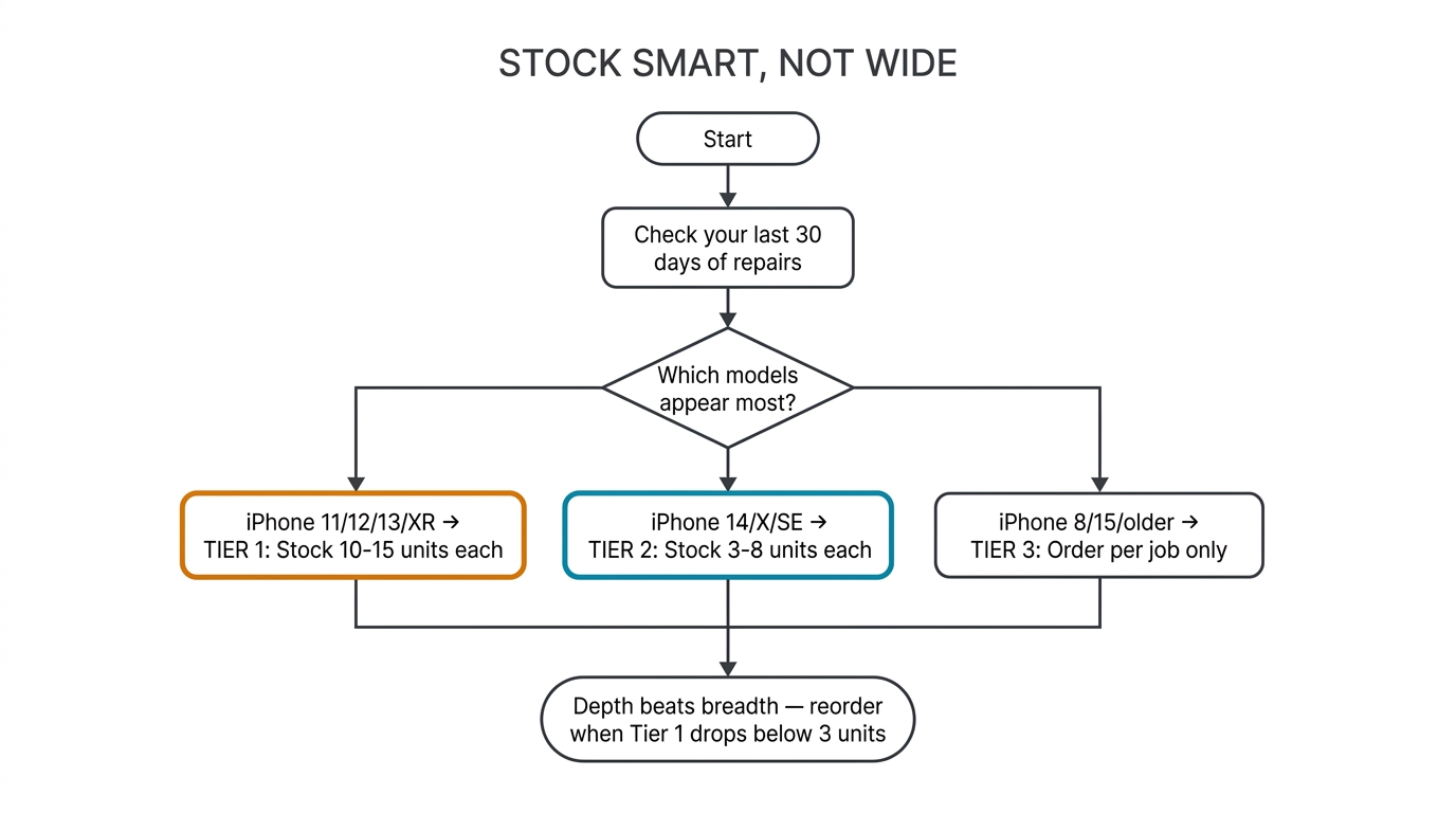 Stock Smart Not Wide - iPhone battery stocking decision flowchart for repair shops
