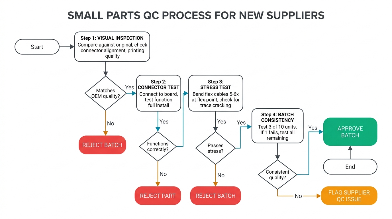 Small parts QC process flowchart for new suppliers showing visual inspection, connector test, stress test, and batch consistency steps