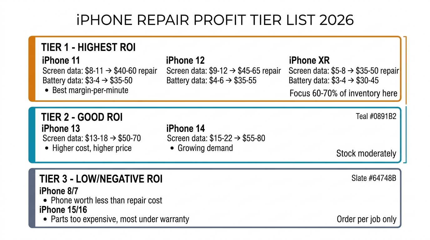 iPhone repair profit tier list 2026 showing three tiers of models ranked by ROI