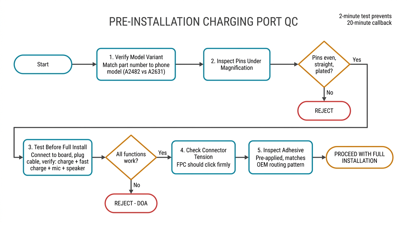 Pre-installation charging port QC flowchart showing 5 quality checks before installing a replacement part