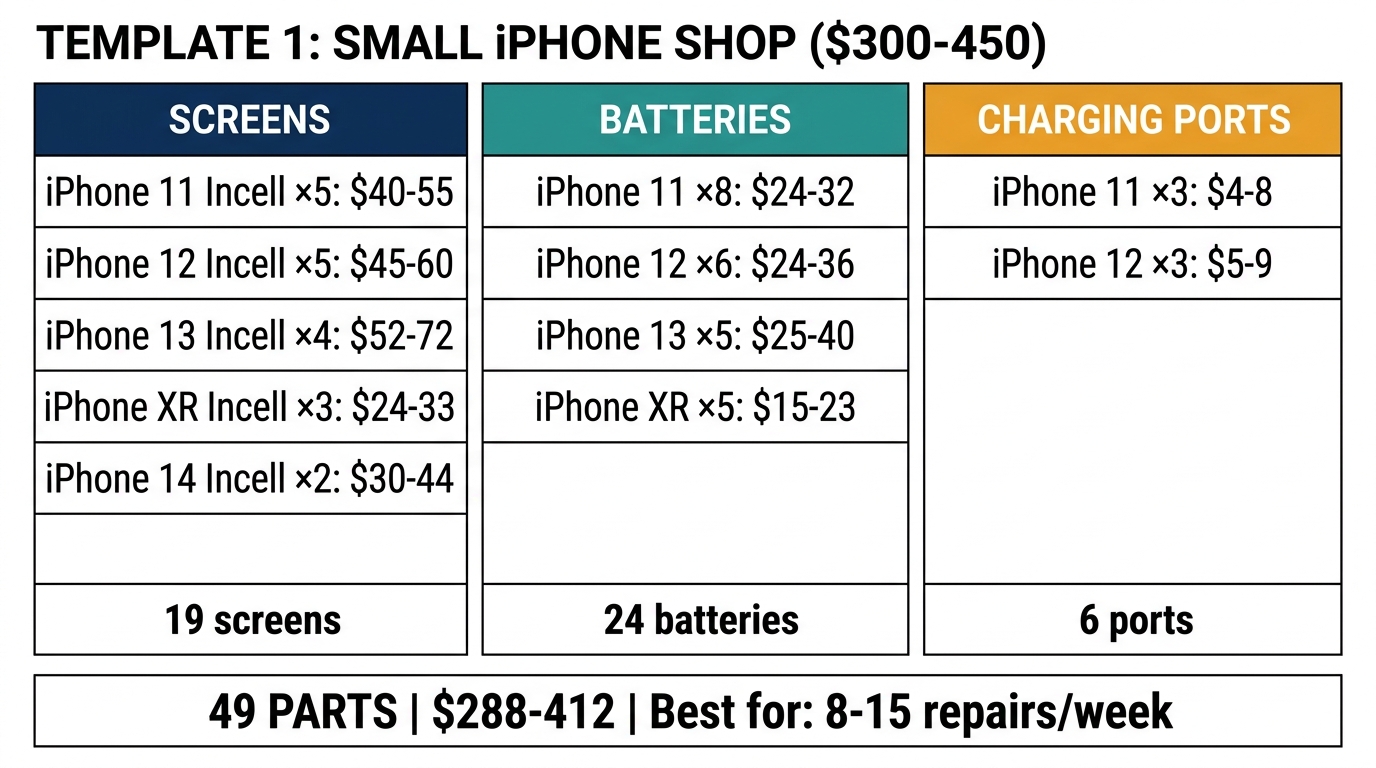 iPhone-focused wholesale order template showing 49 parts across screens, batteries, and charging ports
