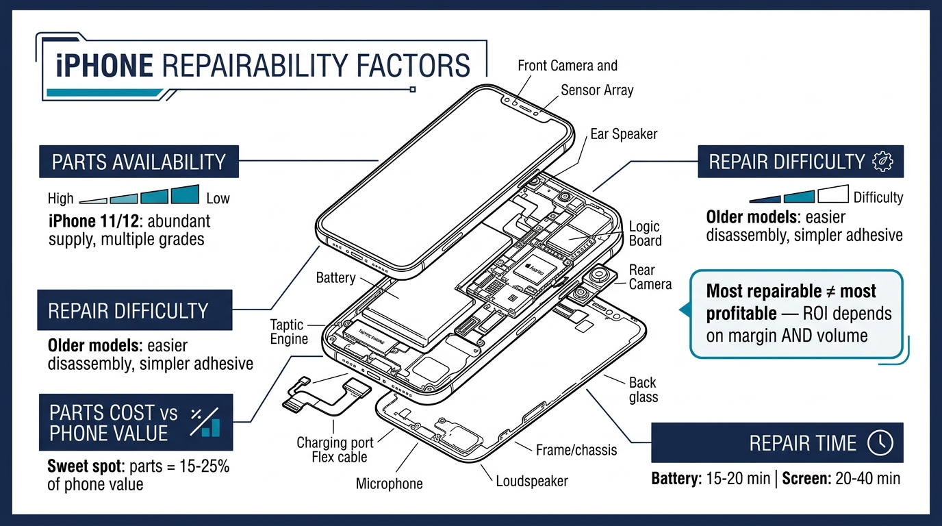 iPhone repairability factors technical diagram showing parts availability, repair difficulty, cost ratios, and repair time