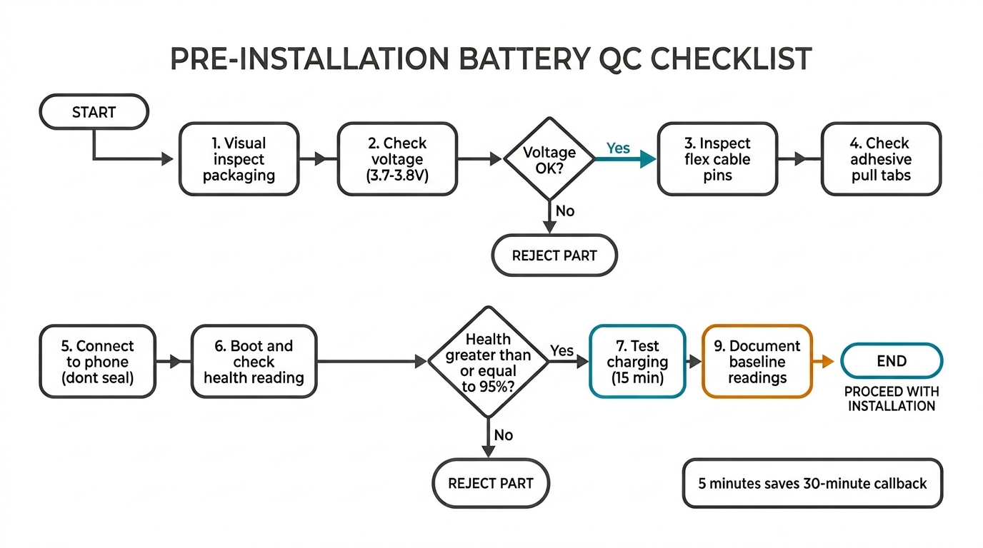 Pre-installation battery QC checklist flowchart with 9 steps from visual inspection to documentation