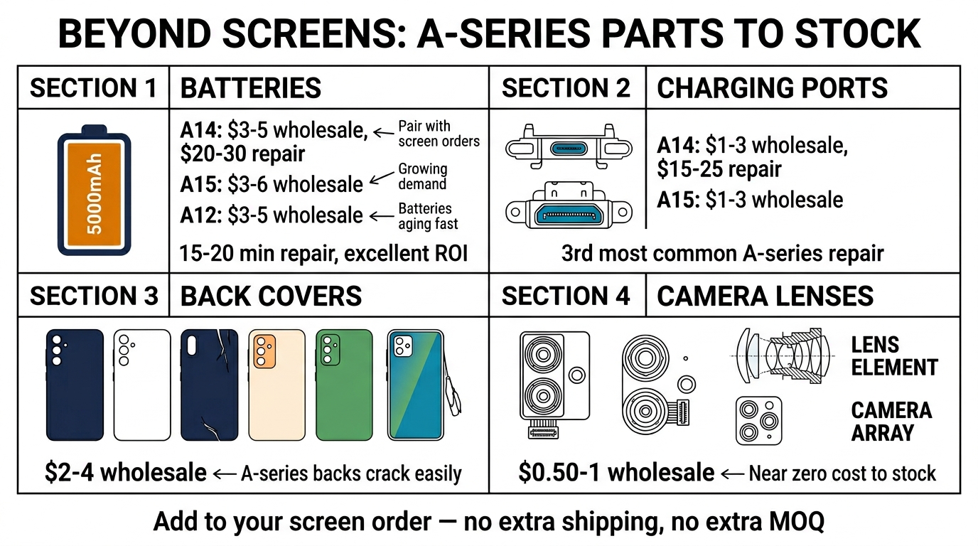 Samsung A-series parts beyond screens: batteries, charging ports, back covers, and camera lenses with wholesale pricing